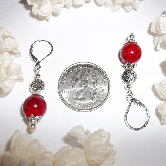 Ruby Red Crackled Glass Earring Silver Dangle Drop Earring Earring Earrings 4773 - Picture 8 of 8